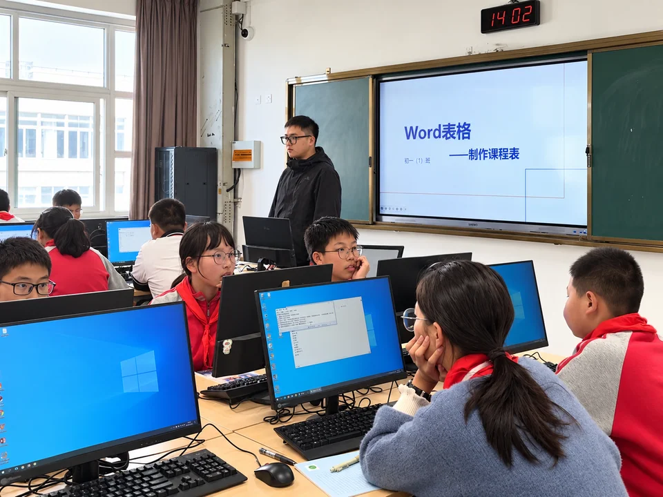 初中信息技术教学现场，围绕 Word 表格开展课程表制作教学